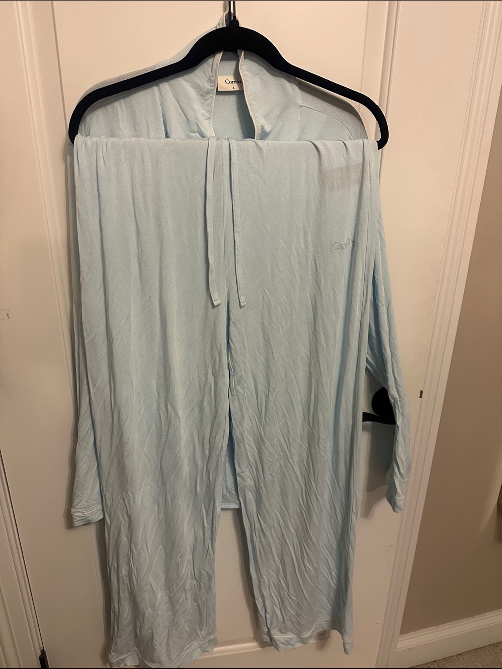 Women's Light Blue Button-Front Pajama Set - Long Sleeve Top & Lounge Pants - Picture 4 of 6